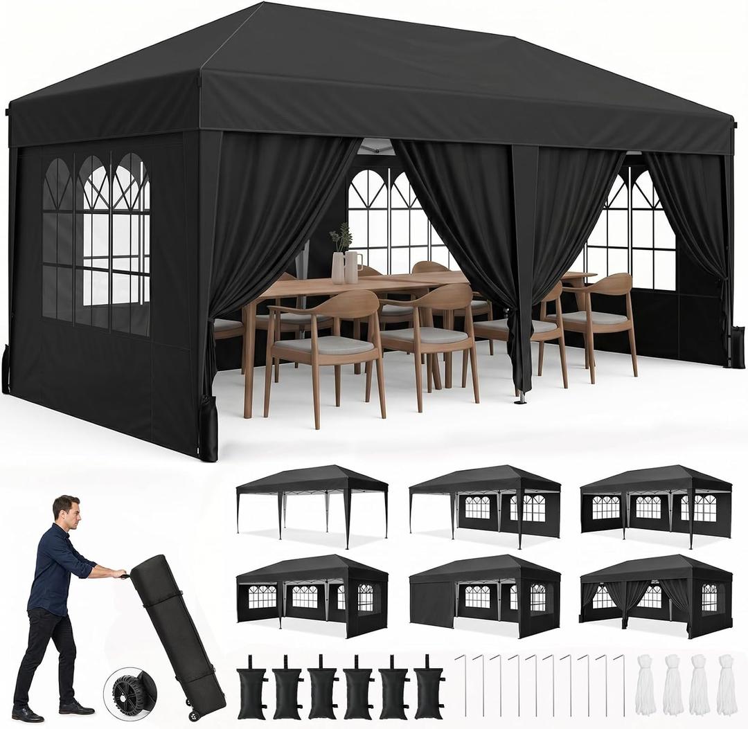 Driftalia 10x20 Pop up Canopy Tent with 6 Sidewalls, Outdoor Canopy with Windows & Roller Bag, Party Tent for Commercial Events, Weddings, Camping - Black