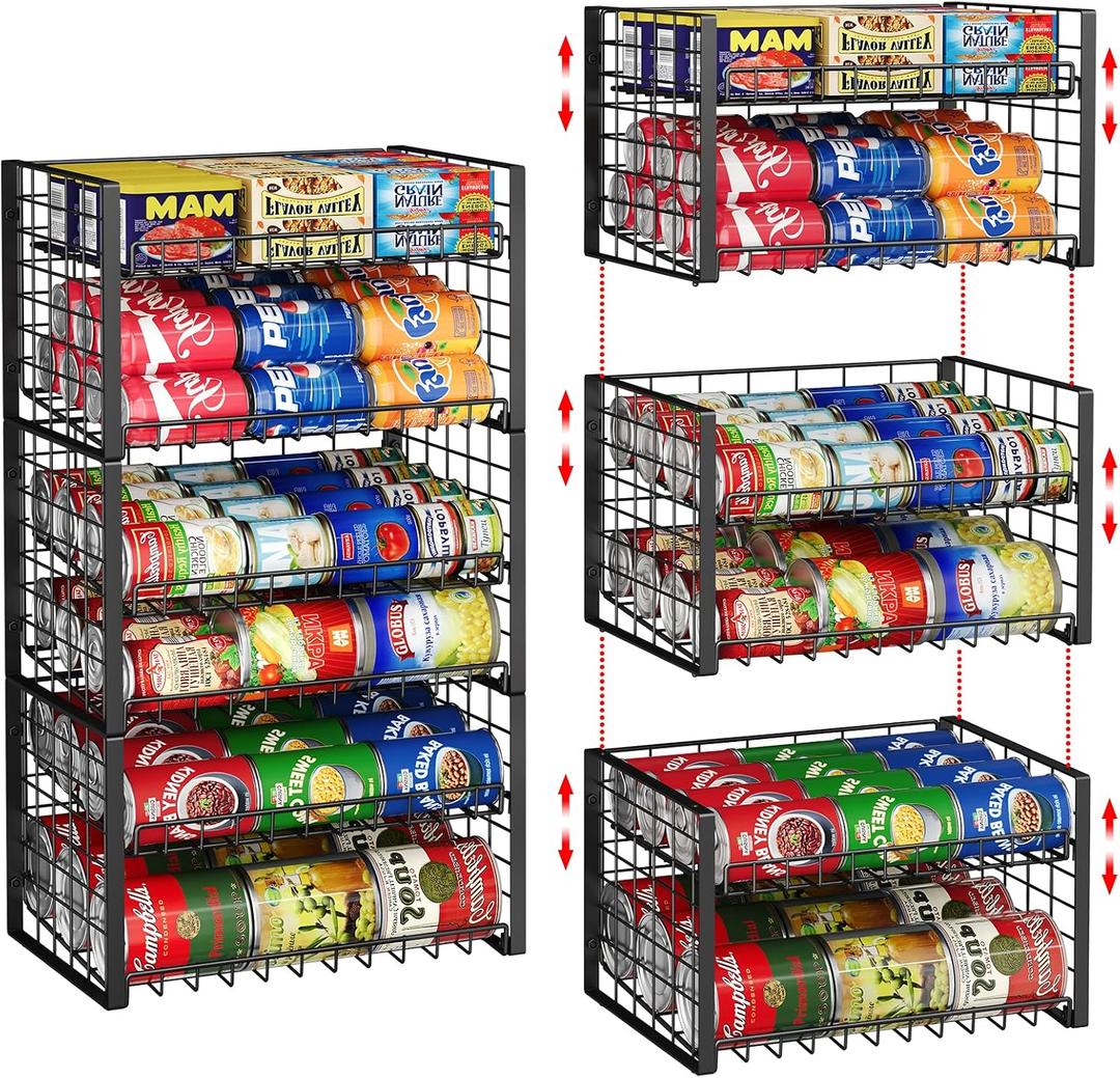 3-Pack Stackable Can Rack Organizer for Pantry, Adjustable Can Holder for Various Ounce of Cans up to 90, Rolling Can Dispenser for Canned Food Soup Goods Storage in Kitchen Cabinet, 2 Tier, Black