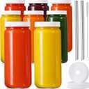 [ 8 Pack ] Glass Juicing Bottles with 2 Straws & 2 Lids w Hole- 16 OZ Travel Drinking Jars, Water Cups with White Airtight Lids, Reusable Tall Mason Jar for Juice, Bubble Tea, Smoothie, Tea, Kombucha