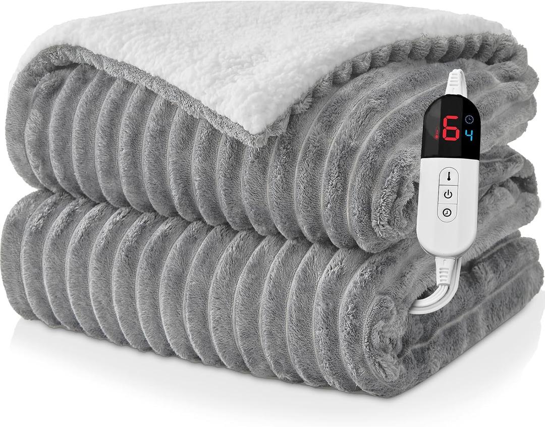 Electric Heated Blanket Queen Size Dual Control - 84"x90" Fast Heating Bed Blankets with 6 Heating Levels & 10 Hours Auto Off, Soft Ribbed Flannel, Over-Heat Protection ETL, Light Gray