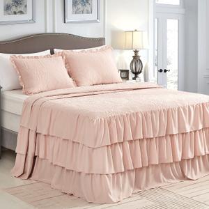 CHIXIN Ruffle Skirt Bedspread Queen Size - 30" Long Drop, Shabby Chic Style, Lightweight Bedding Cover, 3 Piece Set, Chic Layers, Pink