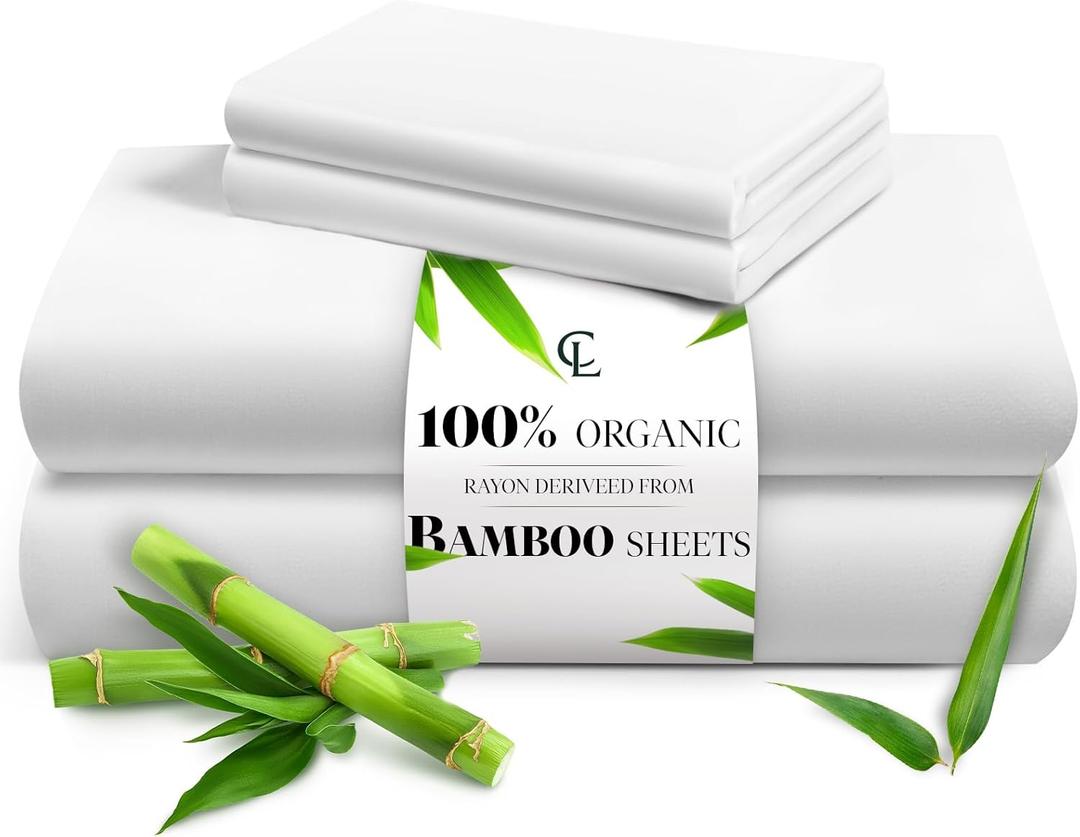 LuxClub Queen Sheet Set, 100% Viscose Derived from Bamboo Cooling Sheets, Breathable & Soft Deep Pocket Up to 16", Hotel Luxury Silky Sheets Queen Size, White