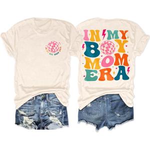 Mom Shirt for Women Boy Mama Graphic Short Sleeve Mom Life Casual Tee Tops (Beige, XL)