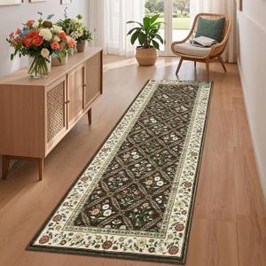 Washable Kitchen Rugs Non Slip 2x6 Hallway Runner Rug Stain Resistant Low Pile Floral Floor Rug with Rubber Backing Non Shedding Runners for Indoor Entryway Bedside Bedroom Farmhouse RV Brown Natural