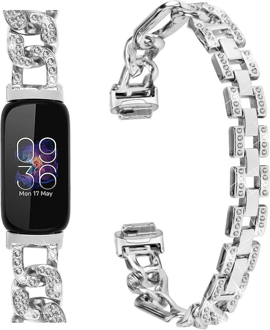 Metal Band Compatible with Fitbit Inspire 3 for Women Shiny Rhinestone Bracelet Strap Adjustable Replacement Watchband for Inspire 3 Fitness Tracker (Silver)