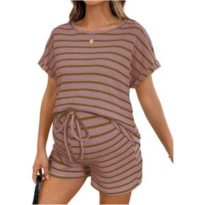 MakeMeChic Women's Maternity 2 Piece Summer Outfits Striped Crew Neck Short Sleeve Tee and Shorts Pregnancy Sets (XX-Large, Pink)