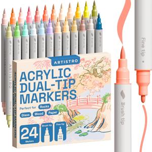 ARTISTRO 24 Pastel Dual-Tip Acrylic Paint Markers - Brush + Fine Tip Combo - Multi-Surface Paint Pens in Soft Colors