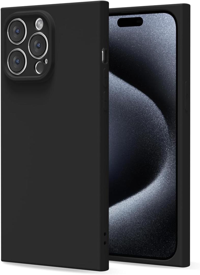 for iPhone 15 Pro Case Silicone, Rectangle Edge Cute Y2k Phone Case for Women Girl, Thin Protective Aesthetic Girly Design Soft Rubber with Camera Cover, Black