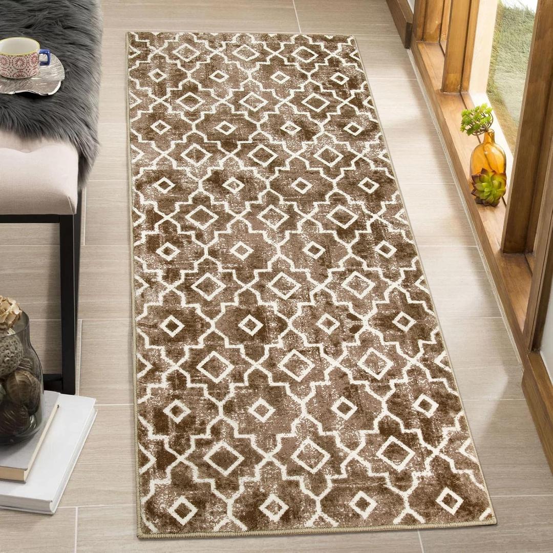 Wonnitar Moroccan Washable Area Rug 2x4.3 Brown Kitchen Rug Non-Slip Bathroom Rug Runner Distressed Modern Geometric Trellis Throw Mat Floor Carpet for Bedroom Laundry Entrance (Light Brown,2'x4.3') (2' x 4.3')