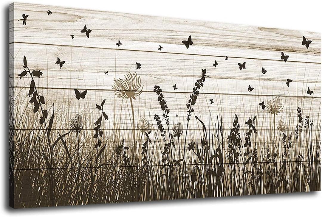 Wildflower Wall Art Autumn Canvas Picture Butterfly Grass Dandelion Artwork Vintage Wooden Board Painting Prints for Bedroom Living Room Office Home Kitchen Wall Decor Framed Ready to Hang 20" x 40"