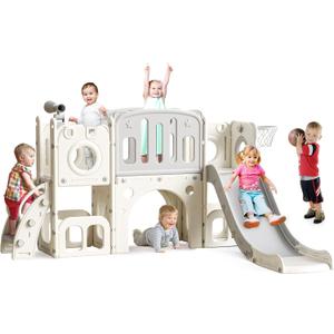 8 in 1 Toddler Slide Set, Kids Slide for Toddlers, Toddler Climber Slide PlaySet with Basketball Hoop,Outdoor Indoor Playground for Toddlers Upgraded Grey, 61x87x41.7 inches