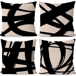 KEUSPI Black and Beige Pillow Cover 18x18 Decor Modern Abstract Neutral Art, Abstarct Art Throw Pillow Case Set of 4,Home Living Room Black Decor Women Gifts(Beige)