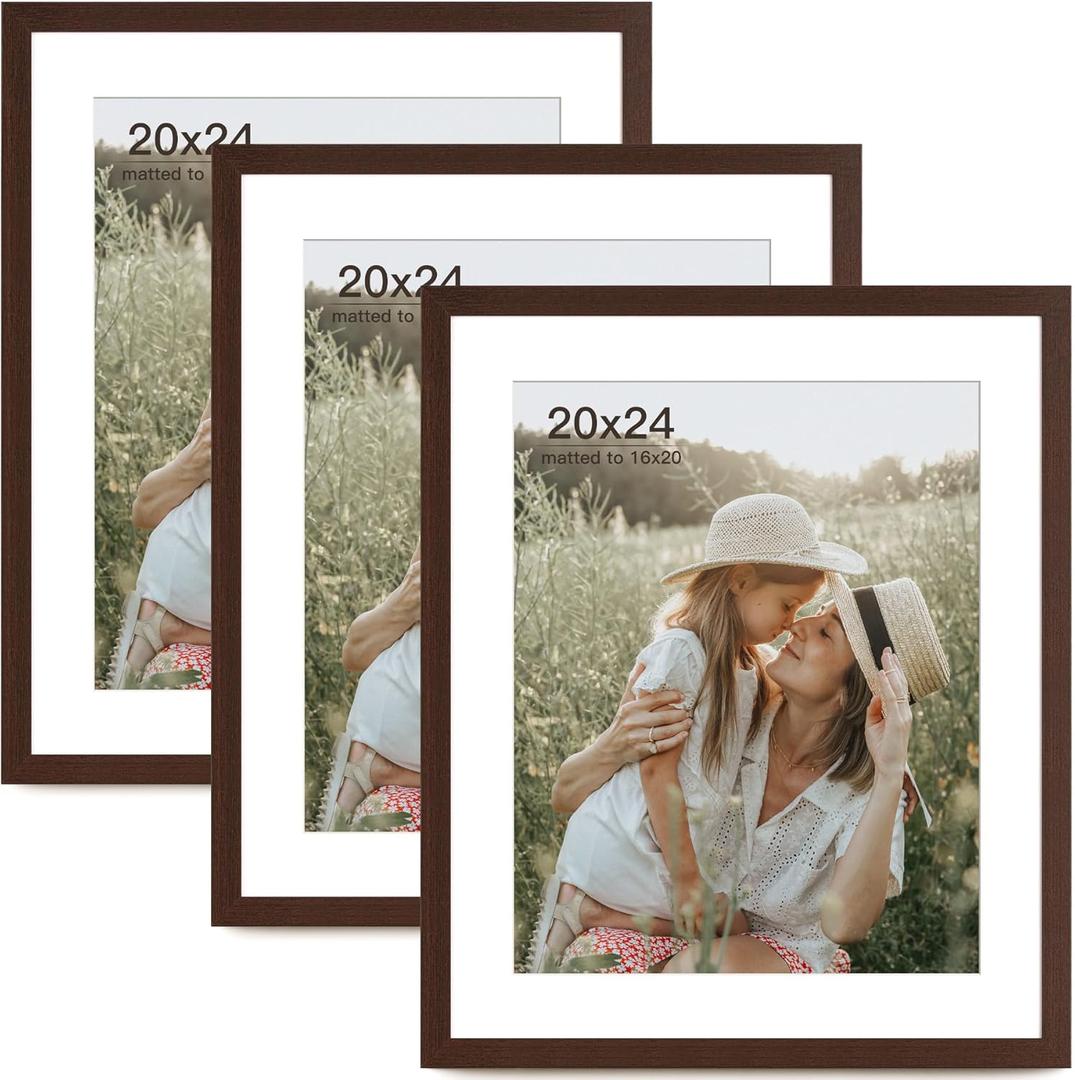 20x24 Picture Frame with Mat for 16x20 Set of 3, Dark Brown Wood Grain 20x24 Frame for Wall Mounting (3 Pack, Walnut)