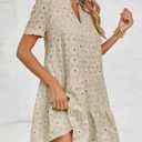 Imily Bela Women's Summer Lace Dresses Eyelet Casual Flowy Babydoll Swing Short Sleeve V Neck Tunic Dress (Beige, M)