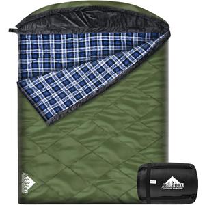 Cotton Flannel Double Sleeping Bag with Fleece Lined Hood, Waterproof Queen Size 2 Person Sleeping Bag for Adults Cold Weather Camping Backpacking or Hiking, 3-4season