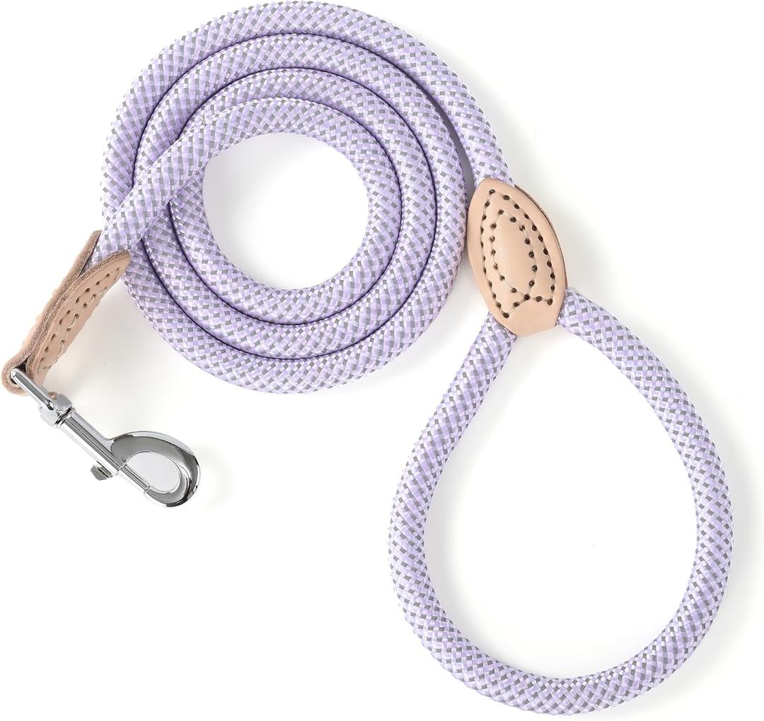 Mile High Life Rope Leash with Genuine Leather Connection, 6 FT/5 FT/4 FT, Heavy Duty Leash for Small Medium & Large Dogs (Purple,60 Inch)