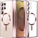 for Samsung Galaxy S25 Ultra Case.Phone Cover Clear Back Surrounding Plating Metallic Glossy.Magnetic Case Slim Thin Soft funda capa para 6.9" Built-in Lens Protector (Rose Gold)
