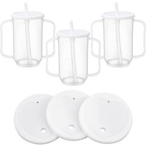 Sliner 3 Pcs Adult Sippy Cups for Elderly, 12 oz Plastic Spill Proof Cups with 2 Handles Straw and Lid for Adults Hospital Disabled Dysphagia Patients (White)