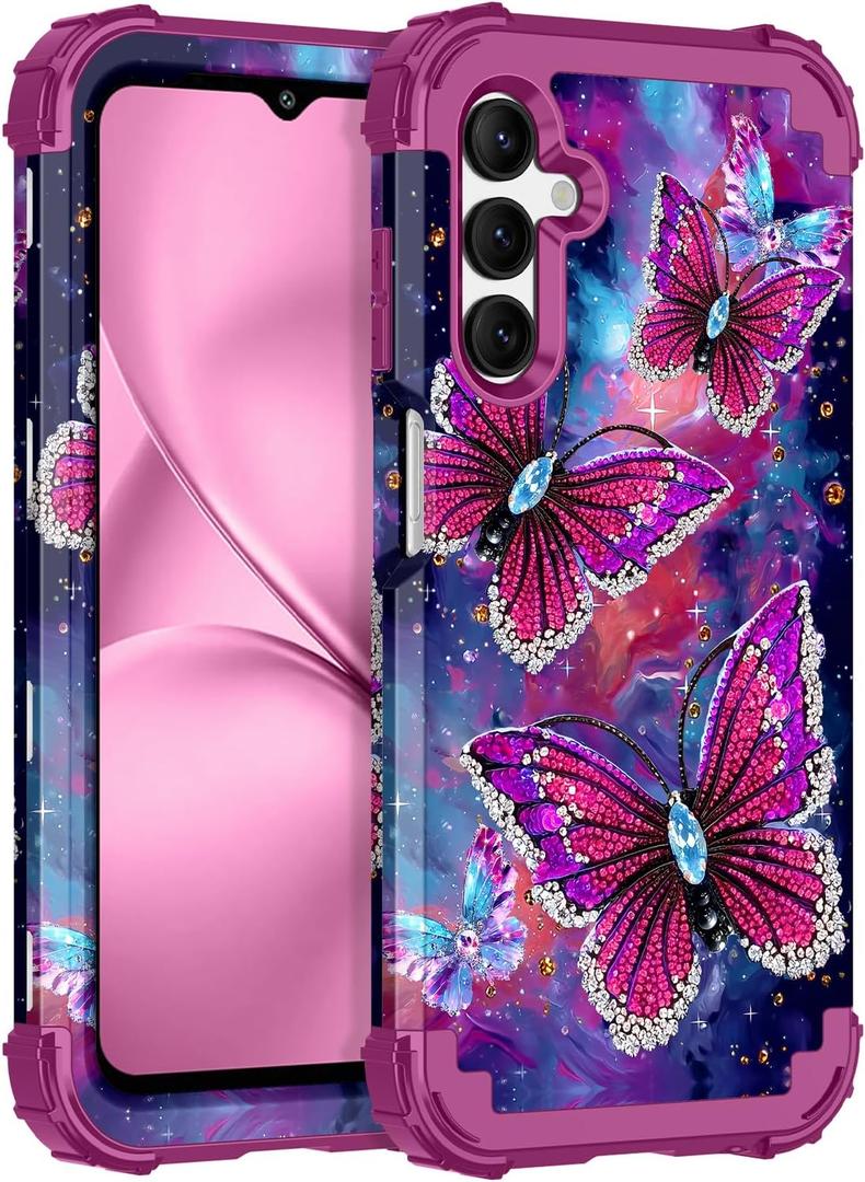 LONTECT for Galaxy A16 Case Glow in The Dark Three Layer Heavy Duty Shockproof Hard PC+Soft Silicone Rugged Full Body Protective Case for Women Girls,Purple Red