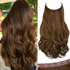 SARLA Invisible Wire Hair Extensions with 3 Clips Long Wavy Curly Synthetic Hairpiece for Women Adjustable Transparent Headband 22 Inch Chocolate
