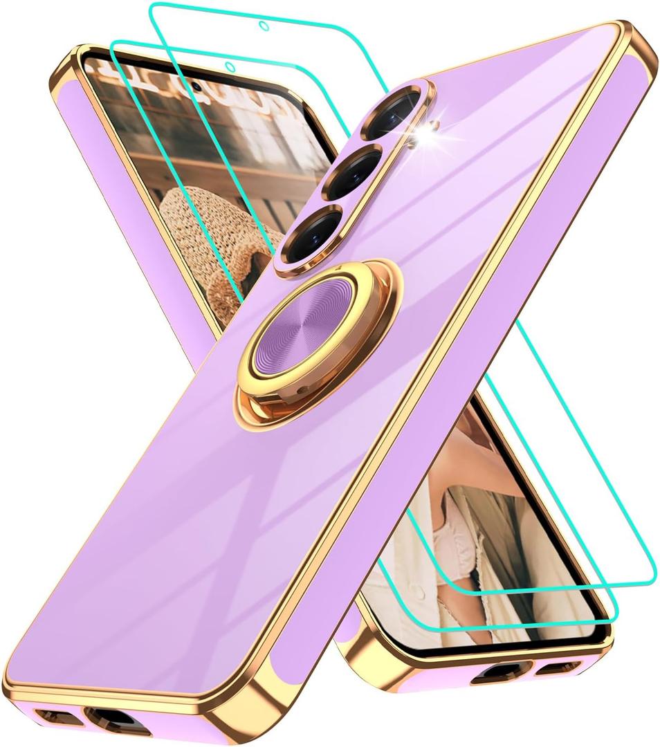 Gritup for Samsung Galaxy S25 Case: with 2Pcs Screen Protector, 360 Rotation Ring Holder Magnetic Kickstand, Plating Gold Edge Soft TPU Shockproof Protective Cover for Galaxy S25, Light Purple