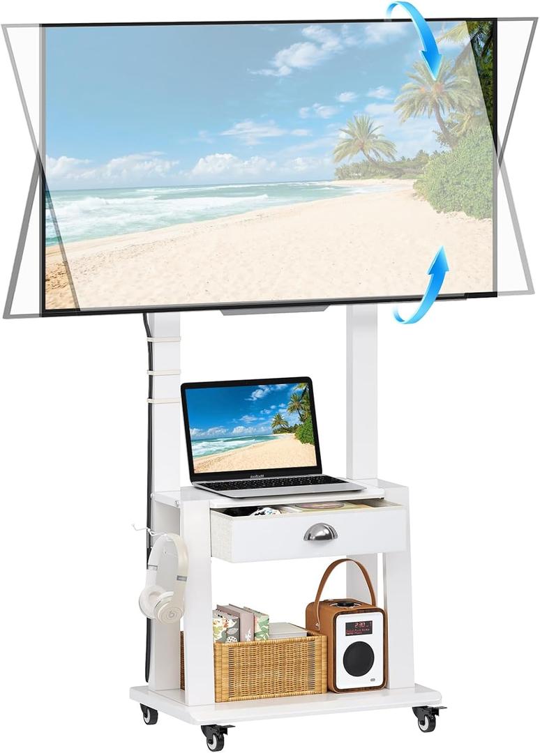 Mobile TV Stand with Drawer for 23-75 inch Flat/Curved Screen,Tilt Rolling TV Cart on Wheels with 2 Shelves,Adijustable Height TV Stand Holds up to 120lbs for Indoor Outdoor,Max VESA 600x400mm,White