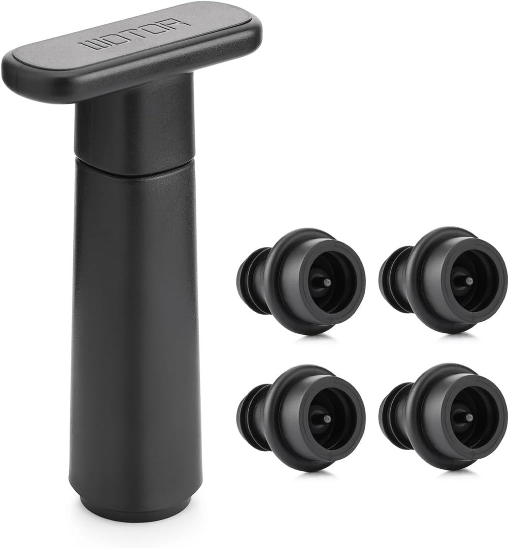 Wine Saver Vacuum Pump with 4 Stoppers, Wine Stopper & Preserver, Reusable Bottle Sealer Keeps Fresh, Ideal Accessories Gift (Flat Handle) (1 Pump + 4 Stoppers)