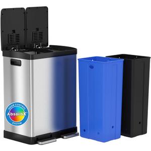 iTouchless 60 Liter / 16 Gallon Rectangular Dual Compartment Kitchen Trash Can & Recycling Bin, Odor Filter, Soft-Close, Hands-Free Step Pedals, Color-Coded Buckets, Smudge-Resistant Stainless Steel