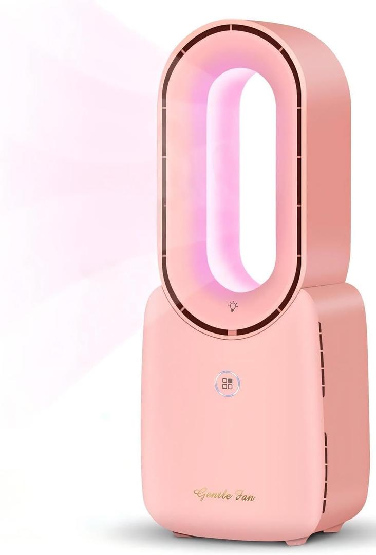 Misby Rechargeable Bladeless Desk Fan, 11.8 Inch with 5-Color LED Light, Small Quiet Table Fan for Bedroom Home Office Desk, Pink