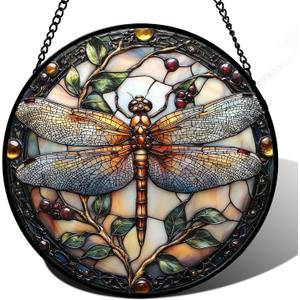 Stained Glass Window Hanging - Dragonfly Plant Suncatcher Ready to Hang Window Doors Home Decoration, Christmas, Mother's Day Birthday Gifts for Women, Men, and Mom 14.9x14.9 in (Brown)