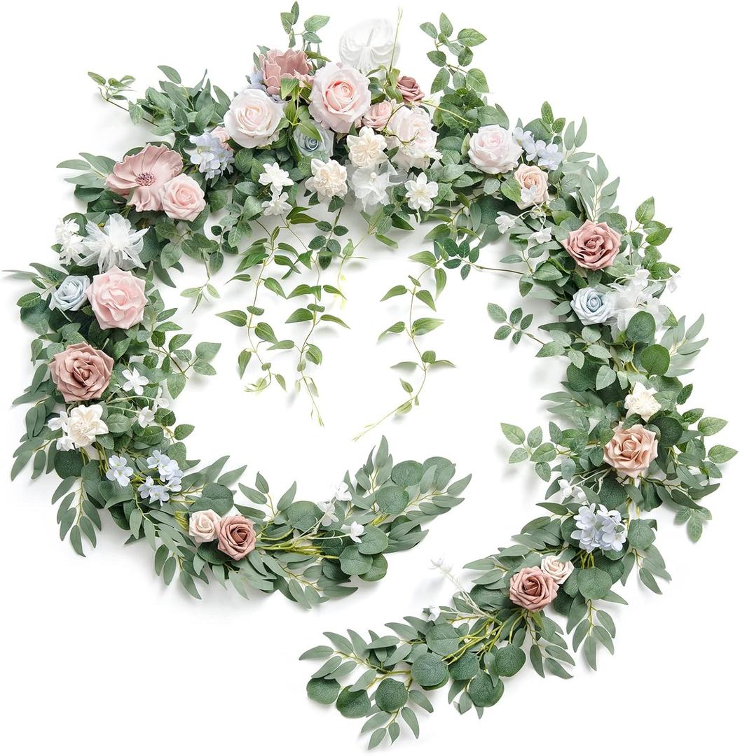 Ling's Moment 9FT Flower Garland for Backdrop Decoration - Wedding Arch Flowers, Eucalyptus & Rose, Artificial Floral Garland for Mantle - Sweetheart Table Decor for Ceremony, Christmas, Emerald Tawny
