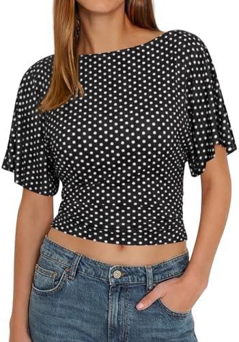 Cicy Bell Womens Summer Wrap Tops Casual Short Sleeve Tie Back Cinched Waist T Shirts Trendy Boat Neck Blouse, Small
