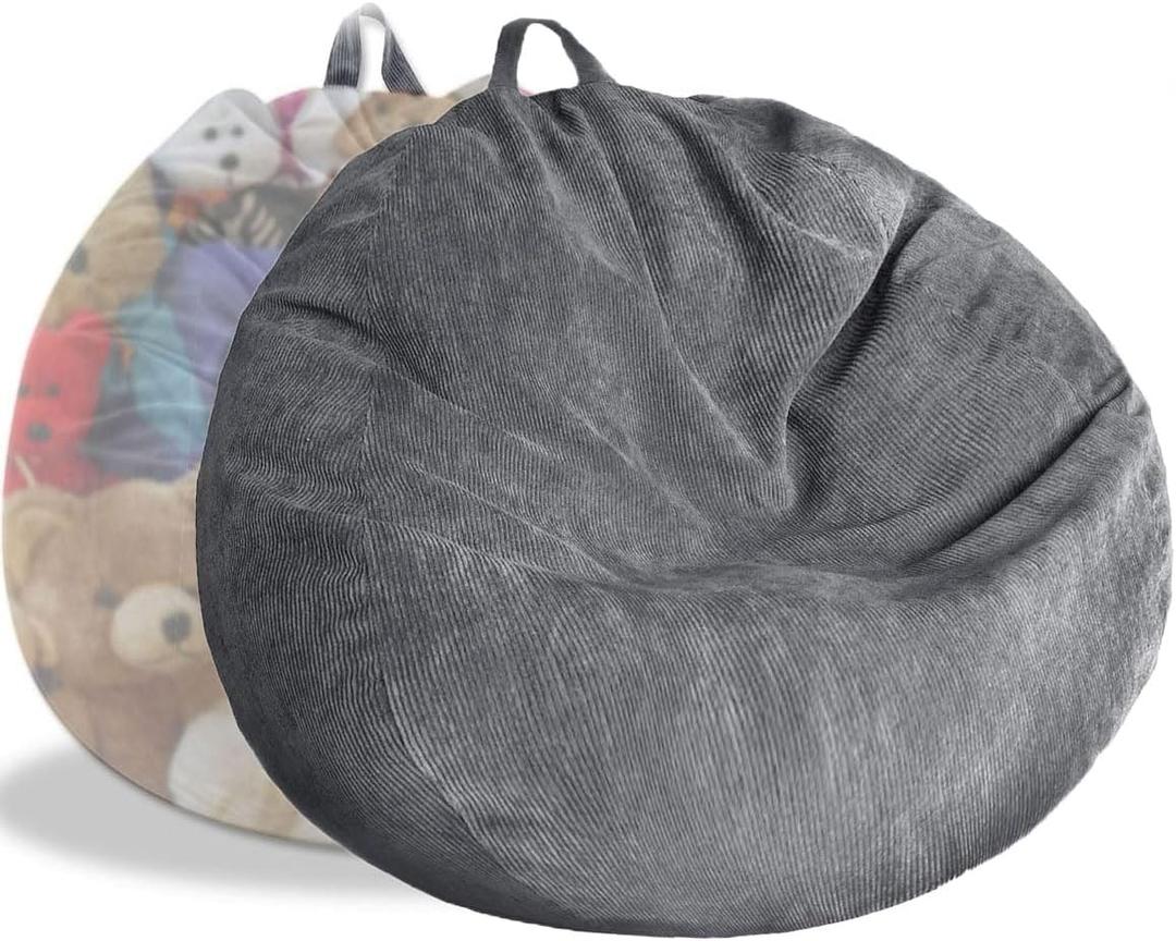 Stuffed Animal Storage Bean Bag Chair Cover (No Filler) Washable Ultra Soft Corduroy Bean Bag Cover for Organizing Plush Toys or Textile, Sack Bean Bag for Adults, Teens (Dark Gray)