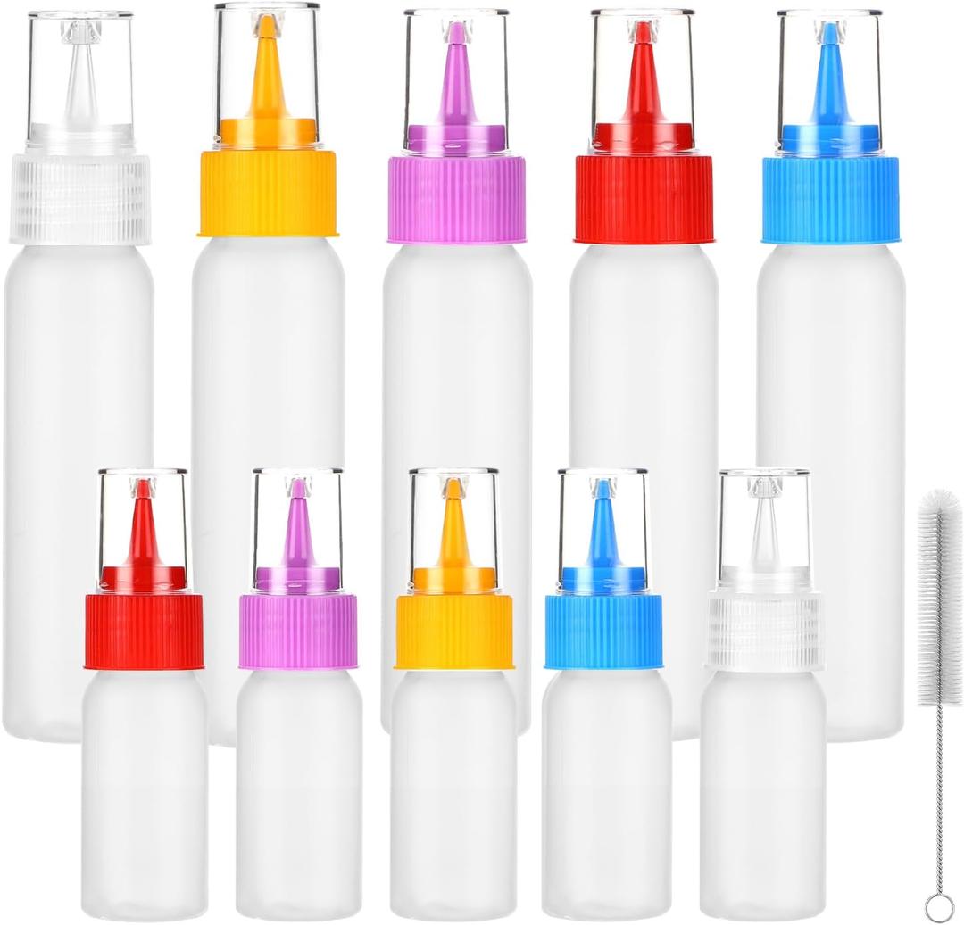 3 x 10 Pack Squeeze Bottles Kit with Cleaning Brush - 1oz & 2oz Food Cookie Decorating Supplies for Icing, Sauces, Crafts, Leakproof Design, 5 Colored Caps, Dishwasher Safe