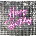7x5 FT Happy Birthday Backdrop Girls Women Party Pink and Silver Birthday Decorations Pink Happy Banner Shining Shimmer Wall Background Photo Studio Props (Not Real Glitter)