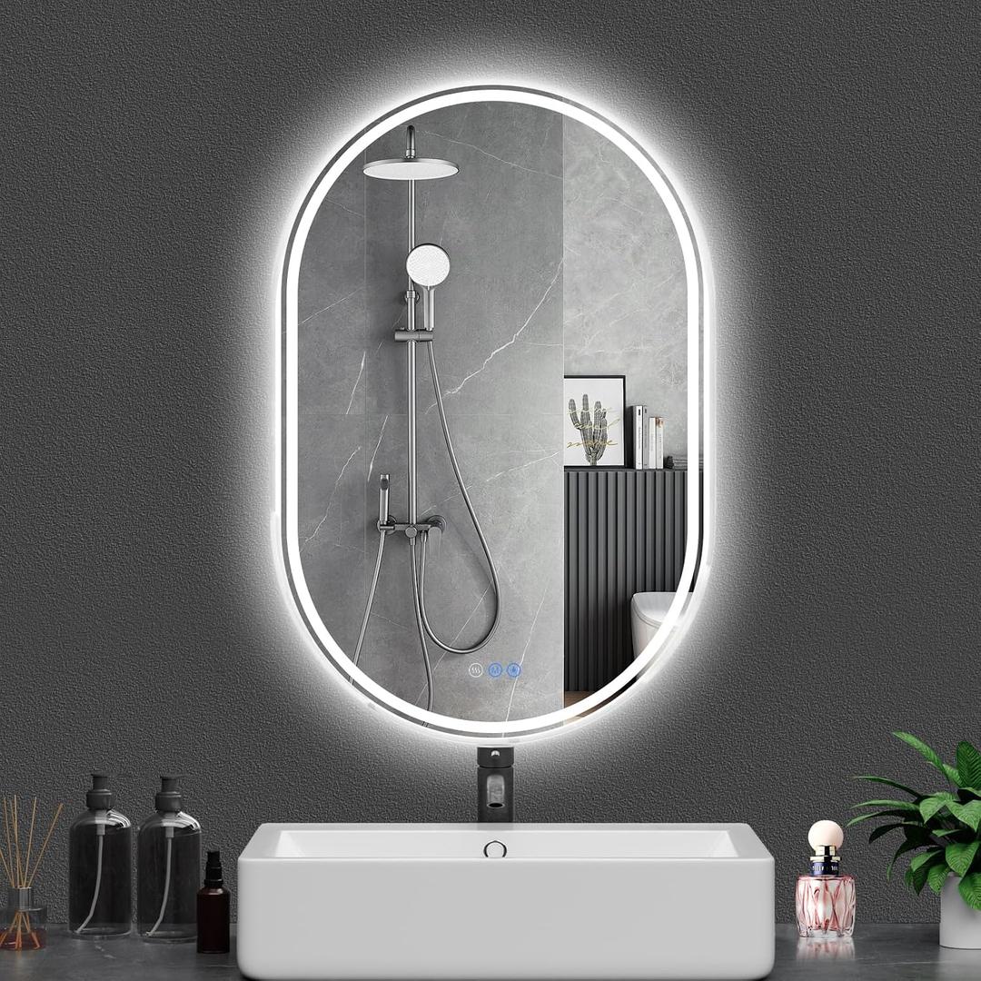 Oval LED Bathroom Mirror, 24"x 40" Frameless LED Mirror with Front Light and Backlit, Anti-Fog, Dimmable Modern Wall Mounted Lighted Mirror, Pill-Shaped Smart Mirror Bathroom