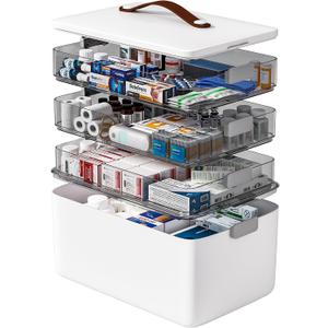 Funest 4- Tier Medicine Storage Box Organizer Portable First Aid kit Box Empty with Handle, Multipurpose Medical Supply Organizer with Removable Tray, White