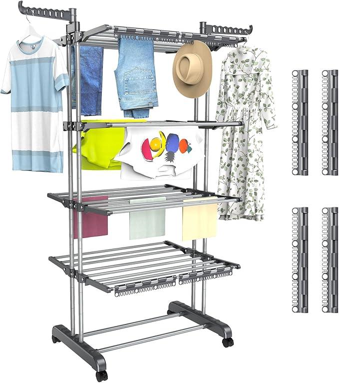 5 Tier Clothes Drying Rack Oversized, Foldable& Adjustable Height Rolling Clothes Rack Stainless Steel with 4 Castor, 32 Drying Poles,14 Hook& 4 Sock Clippers, Drying Rack Clothing for Indoor& Outdoor
