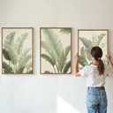 Rantodecor Sage Green Framed Canvas Wall Art, Minimalist Tropical Leaf Wall Decor, Boho Beige Nature Leaf Art Paintings, Bohemian Triple Panel Plant Artwork for Bedroom Living Room Office 24"x36"x3