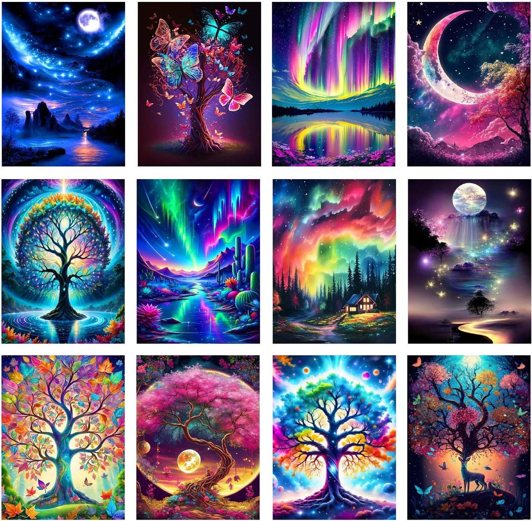 12 Pack Diamond Painting Kits for Adults, Tree of Life Diamond Art Kits for Beginners, Moon Landscape Diamond Painting Kits, 5D Diamond Painting Kits for Adults, Full Drill Craft Kits 12x16 inch