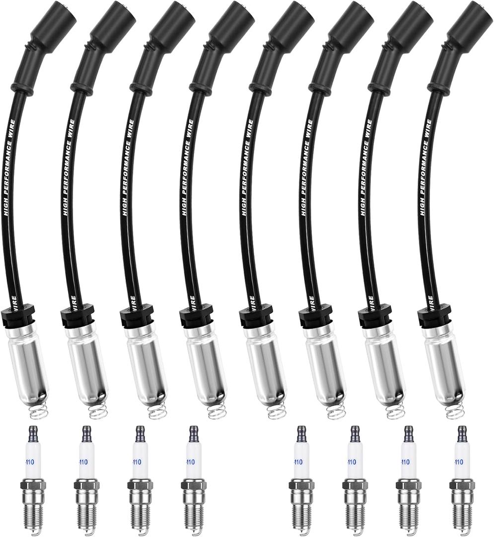 High Performance Spark Plugs and Wires Fit for 1999-2013 Chevy Silverado 1500 2500 Tahoe Suburban Avalanche GMC Sierra Yukon Escalade, Replace for 9748HH 9748UU 41-162 41-110, with 4.8 5.3 6.0 6.2 V8