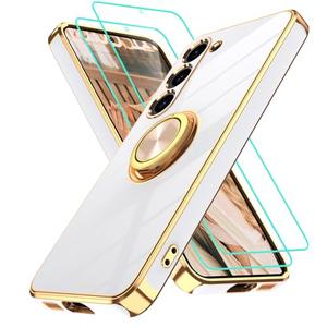 Gritup for Samsung Galaxy S23 Case: with 2Pcs Screen Protector, 360° Rotation Ring Holder Magnetic Kickstand, Plating Gold Edge Soft TPU Shockproof Protective Cover for Galaxy S23, White