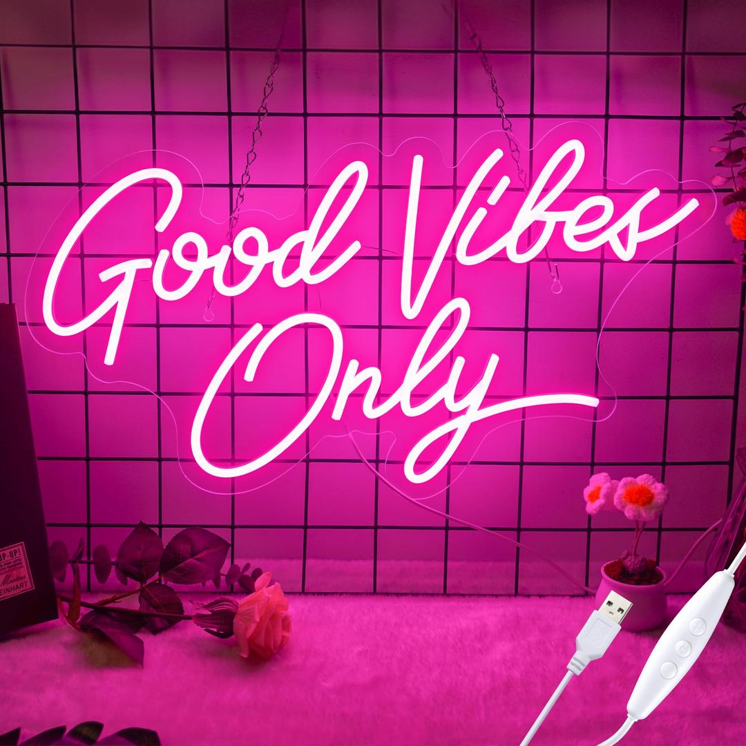 Good Vibes Only Neon Sign for Wall Decor 21.6" x 11.8" Pink LED Fun Vibe Lights for Party, Bedroom, Bar, Wedding Decoration - Best Gifts for Birthday, Christmas