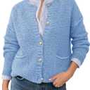 Saodimallsu Women's Chunky Knit Cardigan Button Down Crewneck Long Sleeve Cropped Sweater with Pockets (Blue, L)