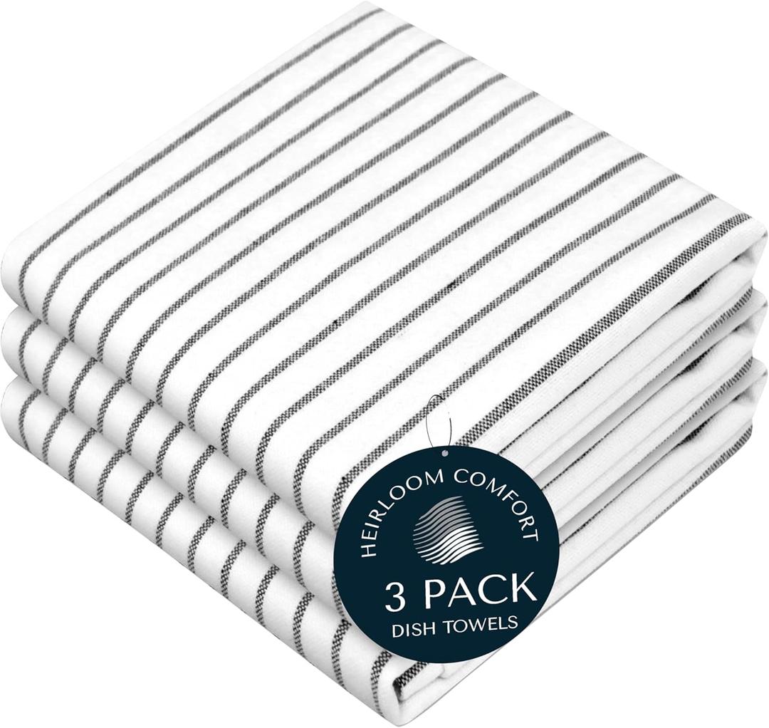 Black Stripe Kitchen Towels (3 Pack), 100% Cotton, Classic Striped Towel Set, Super Absorbent & Durable Dish Cloths, Quick Drying Fabric for Drying Dishes, Everyday Kitchen Cleaning