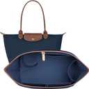 Felt Purse Organizer Insert for Longchamp Le Pliage L Bag, Handbag Leather edge Longchamp Organizer Insert with Cup Holder Tote Organize (Dark-Blue, Large)
