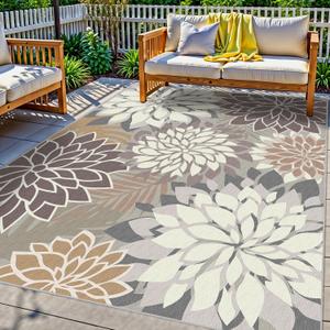 8x10 Outdoor Area Rug Washable Multicolored Patio Rug Tropical Botanical Floral Chenille Waterproof Outdoor Carpet Non-Slip for Deck, Backyard, Porch, Taupe,  Brown White, 8' x 10' (Rectangular)