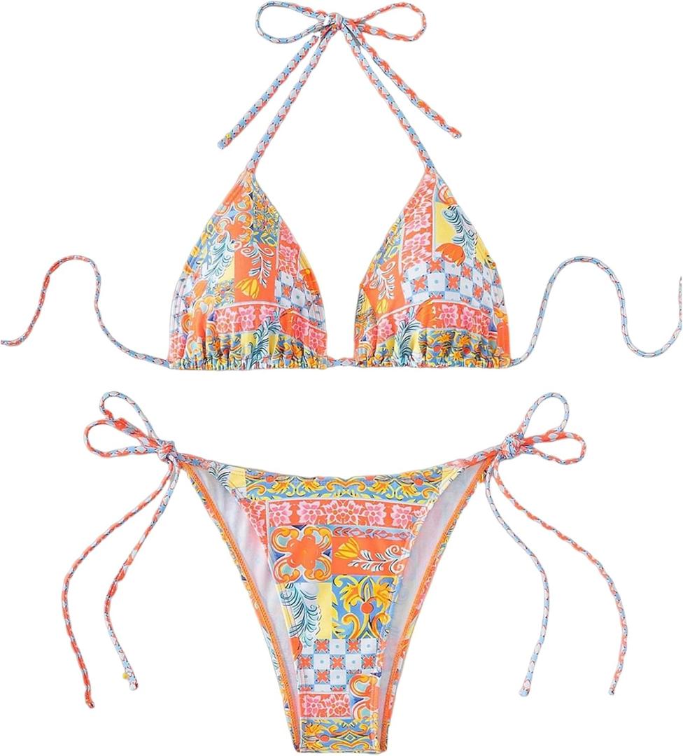 ZAFUL Triangle Bikini for Women 2 Piece Halter Bikini Sets Sexy High Cut Bathing Suit Side Tie Swimsuits (Small, 1-tribal Orange)