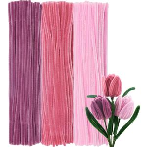 300Pcs Pastel Pink Pipe Cleaners Craft Bulk, 12'' Long 0.3'' Thick Fluffy Chenille Stems Set for Flowers, 3 Assorted Colors Fuzzy Sticks for DIY Art, Gifts Making & Festive Decorations