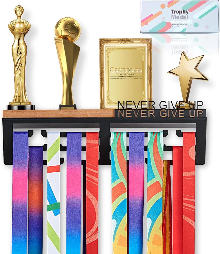 Medal Hanger Display & Trophy Shelf Combo | Unique 5.3" Deep for Large Trophies, 2X Thicker Metal | Never Give Up Soccer Wall Decor & Marathon Medal Showcase